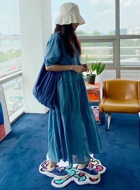 L109韩国女装V领薄棉短袖宽松慵懒风夏季连衣裙渡假中长款