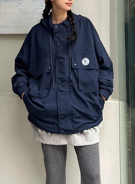F75韩国女装日系学院工装防泼水秋冬长袖连帽中长风衣外套