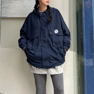 连帽中长风衣外套 防泼水秋冬长袖 F75韩国女装 日系学院工装