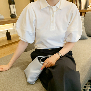 直筒纯色通勤 夏女t恤半袖 T246好品质韩国女装 翻领套头五分袖