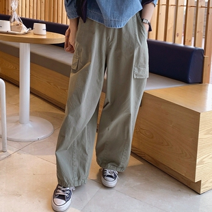 韩国进口好品质春秋宽松纯棉口袋工装 直筒束脚抽绳显瘦K84 女长裤