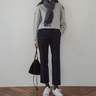 通勤显瘦高 秋冬直筒高腰灯芯绒廓形九分裤 K62韩国女装 新款