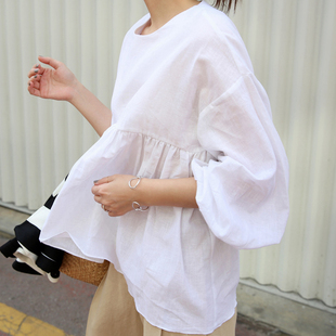 韩国女装宽松娃娃麻棉圆领套头春夏女上衣衬衫凉爽防晒七分袖C66