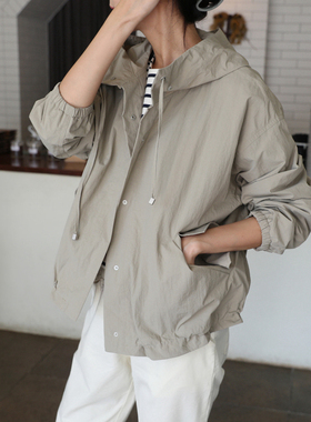 F27韩国女装新品2025简约宽松戴帽长袖春秋女风衣薄外套防晒防雨