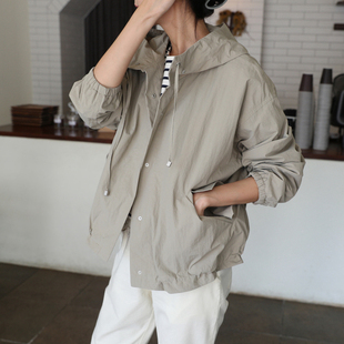 F27韩国女装新品2025简约宽松戴帽长袖春秋女风衣薄外套防晒防雨