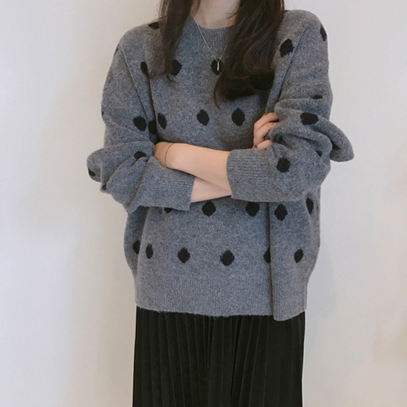 韩国女装圆点波点羊毛马海毛宽松圆领套头长袖秋冬女毛衣保暖M59