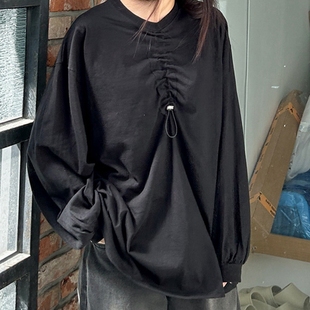 T316好品质简约抽绳设计感纯棉圆领长袖 宽松女t恤打底四季