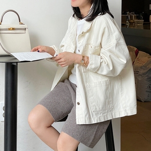 F81好品质韩国女装 宽松简约休闲箱型纯棉春秋外套 翻领长袖