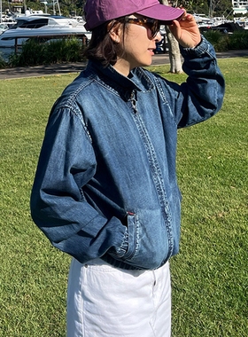 韩国女装复古拉链合身翻领松紧衣脚纯棉长袖牛仔外套上衣春秋F104