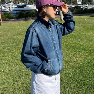 韩国女装 牛仔外套上衣春秋F104 复古拉链合身翻领松紧衣脚纯棉长袖