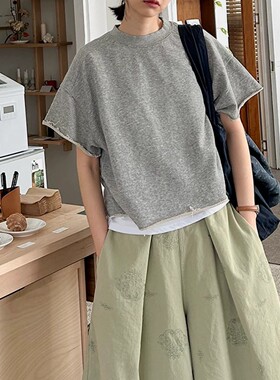 短袖简约休闲落肩卫衣女宽松T恤