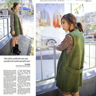 k135韩国女装2025青草绿元宝针加厚无袖中长款羊毛女毛衣开衫外套