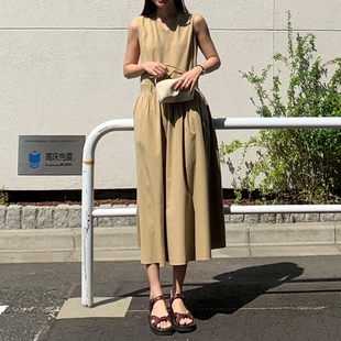 韩国女装新简约优雅无袖V领高腰中长连衣裙棉夏显高瘦打底裙L104