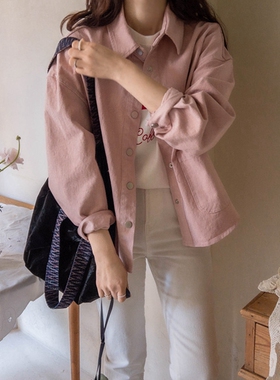 C107韩国女装多巴胺春秋长袖纯棉粉色宽松牛仔衬衫上衣外套