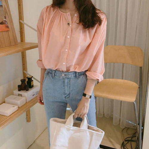 C71韩国女装新品2026宽松圆领甜美纯棉长袖多扣秋冬女衬衫打底衫