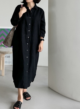 L114好品质韩国女装优雅翻领八分袖砂洗亚麻春夏连衣裙中长