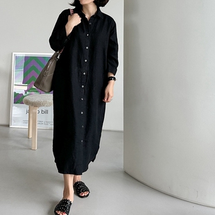 L114好品质韩国女装 砂洗亚麻春夏连衣裙中长 优雅翻领八分袖