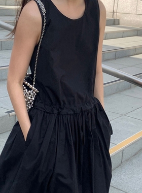 L103韩国女装新无袖抽绳收腰纯色优雅显瘦连衣裙夏季小黑裙