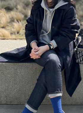 F93好品质韩国复古格子夹棉保暖宽松直筒中长长袖棉服风衣外套