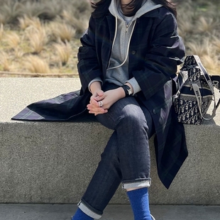 F93好品质韩国复古格子夹棉保暖宽松直筒中长长袖 棉服风衣外套