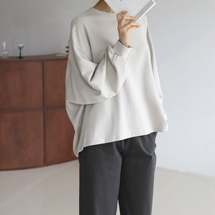 秋冬女T恤打底纯棉 宽松设计感简约圆领套头长袖 T222韩国女装 新款