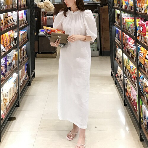 法式优雅亚麻公主袖连衣裙显高