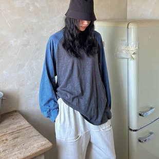 T恤女宽松百搭圆领上衣打底春秋冬 长袖 韩国女装 竹节棉撞色插肩袖