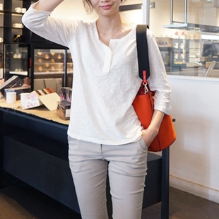 韩国女装春秋柔软七分袖前短后长竹节棉领多扣套头T恤打底