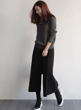 k941韩国女装代七分素色显瘦OL前打折设计阔腿七分女西装裤秋冬
