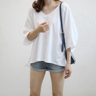 k1006韩国女装 夏女t恤 2025V领超宽松落肩拼接设计感厚棉七分袖
