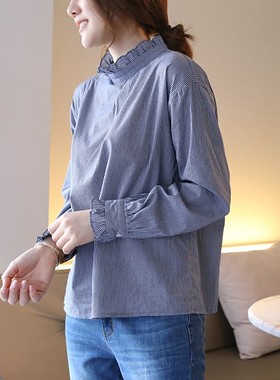 k1030韩国女装代新品2025甜美纯棉木耳边条纹清爽秋冬女衬衫内搭