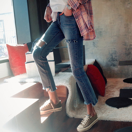 k27新款手工破洞牛仔裤九分裤