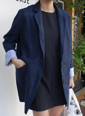 k1027好品质韩国新宽松茧型亚麻简约中长春秋女西装外套凉