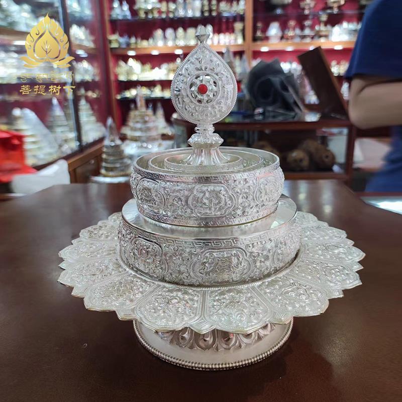 S990纯银手工曼扎盘藏式八吉祥曼茶罗供修曼扎含托盘基盘直径12cm