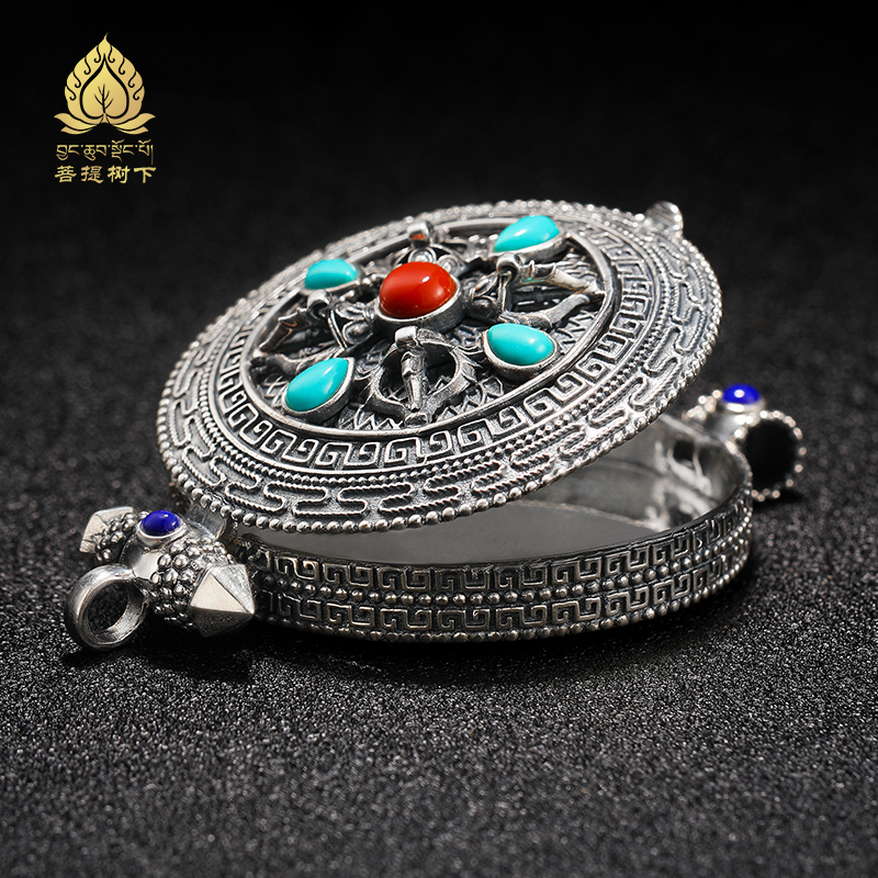 s925纯银古嘎乌盒吊坠随身金刚杵嘎乌可旋转八吉祥图案男女