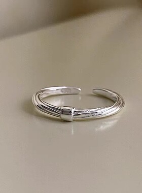 925纯银方块戒指银女ins潮设计小众设计细纹素圈食指戒轻奢高级感