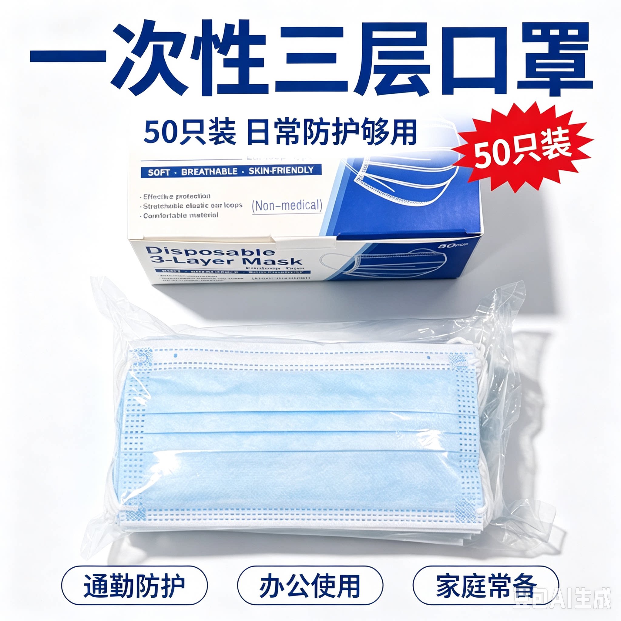 一次性口罩防护三层成人防尘透气										
