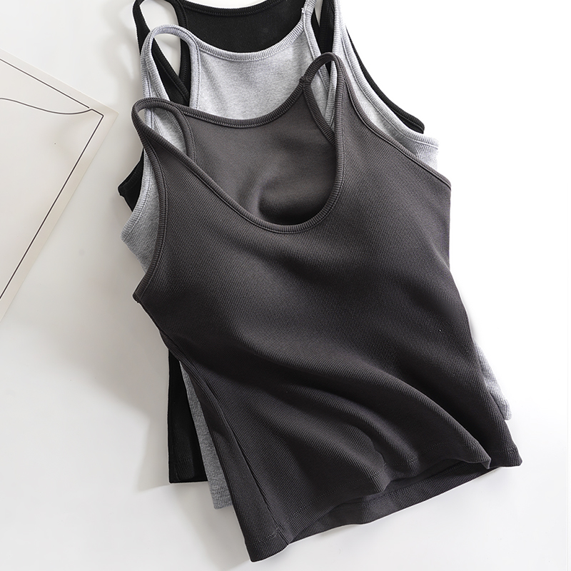 慕阳花大U领螺纹带胸垫吊带背心