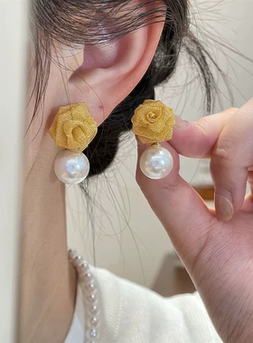 s925银针黄色玫瑰花耳环时尚新款轻奢高级感耳钉小众设计独特耳饰