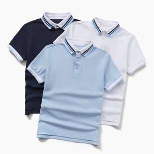 儿童纯棉浅蓝色t恤男女童短袖polo衫翻领透气上衣中大童学校园服
