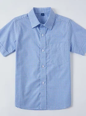 儿童校服蓝色衬衫男童全棉地中海短袖衬衫夏季儿童浅蓝格子衬衣