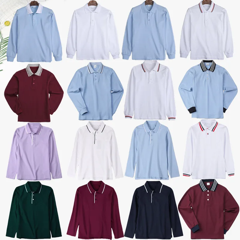 儿童POLO衫长袖白色浅蓝藏青墨绿色小校服男女童枣红T恤短袖
