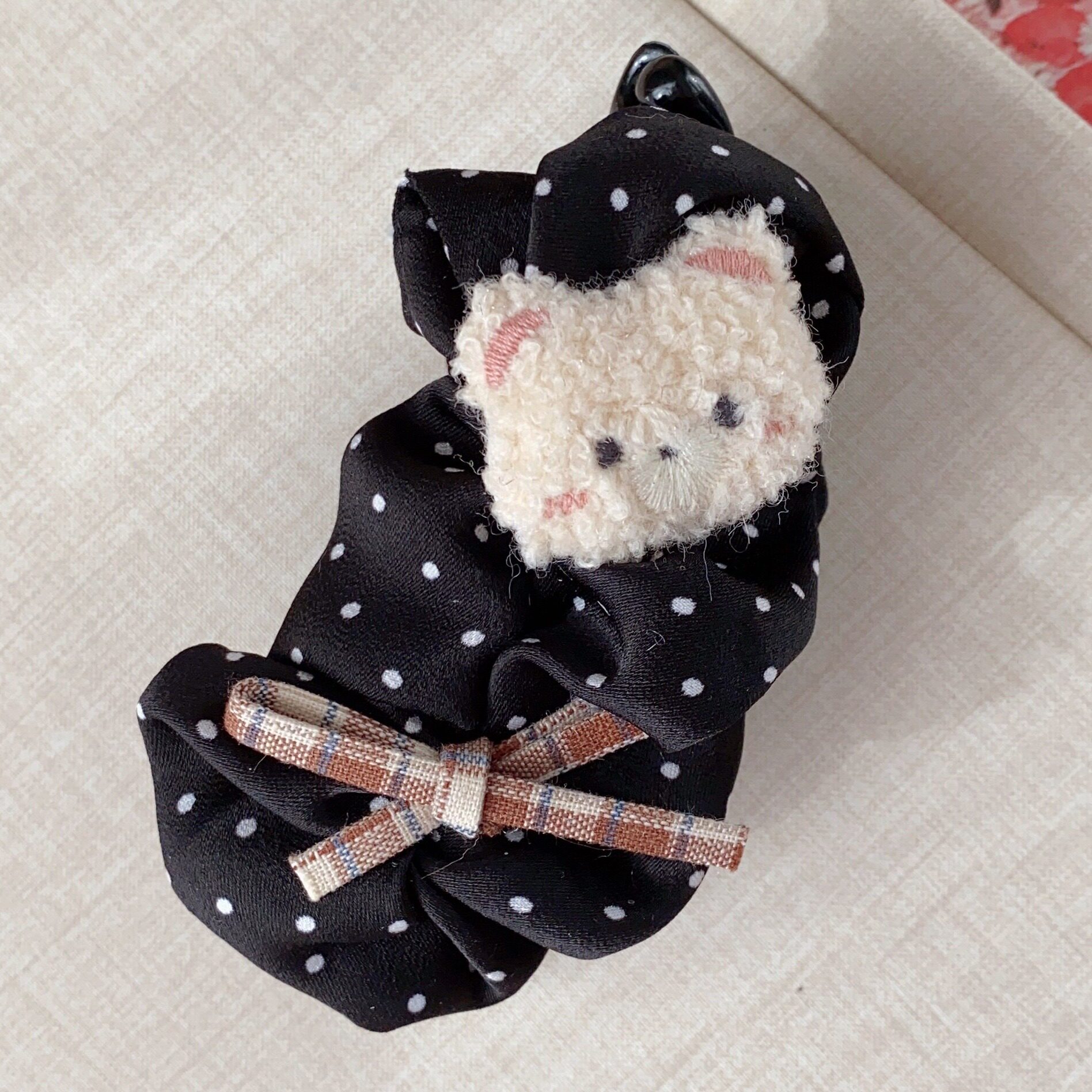 波点毛绒小熊～發家韩国蝴蝶结双面甜美香蕉夹扭扭夹竖夹马尾发夹