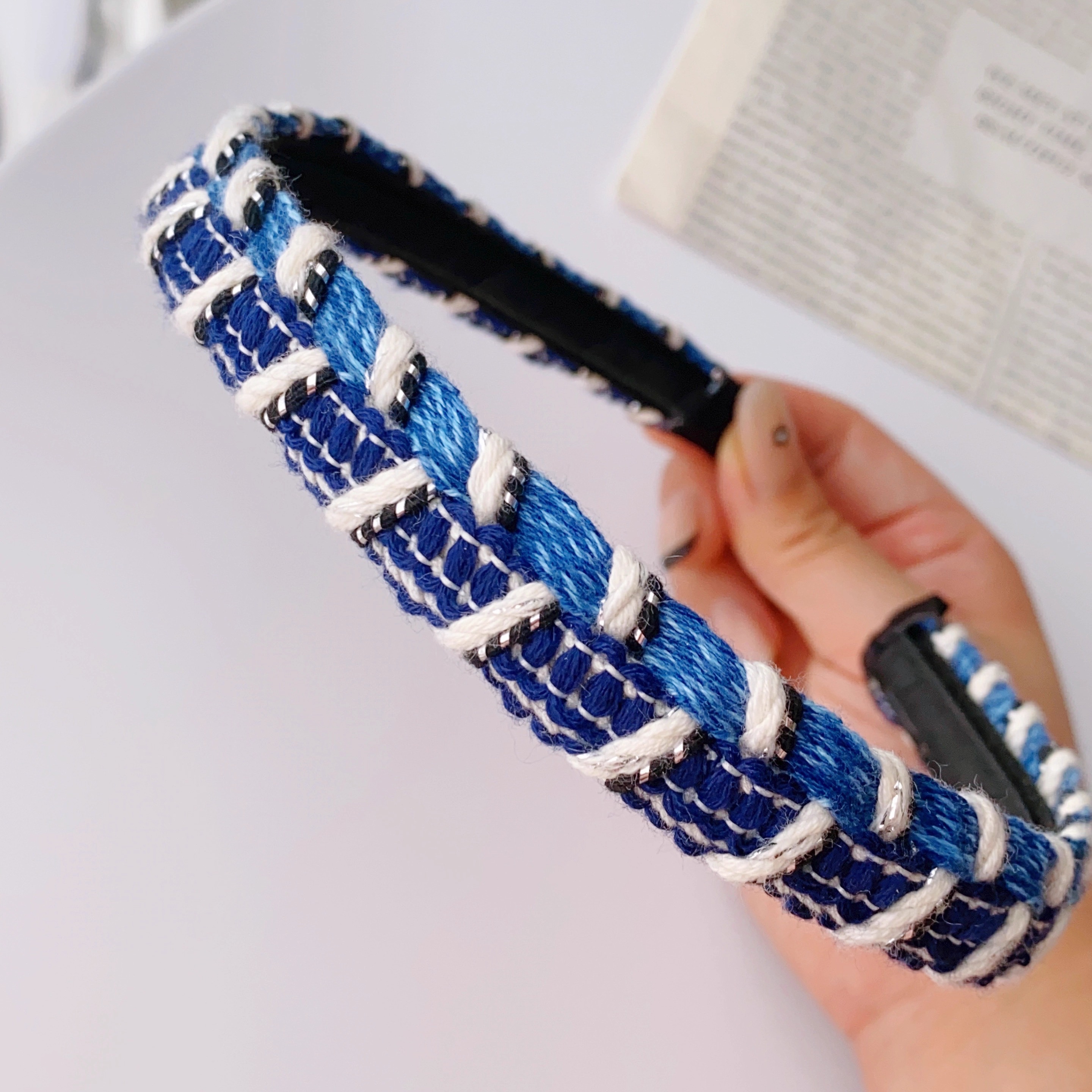 韩国东大门拼接编织牛仔蓝发箍女