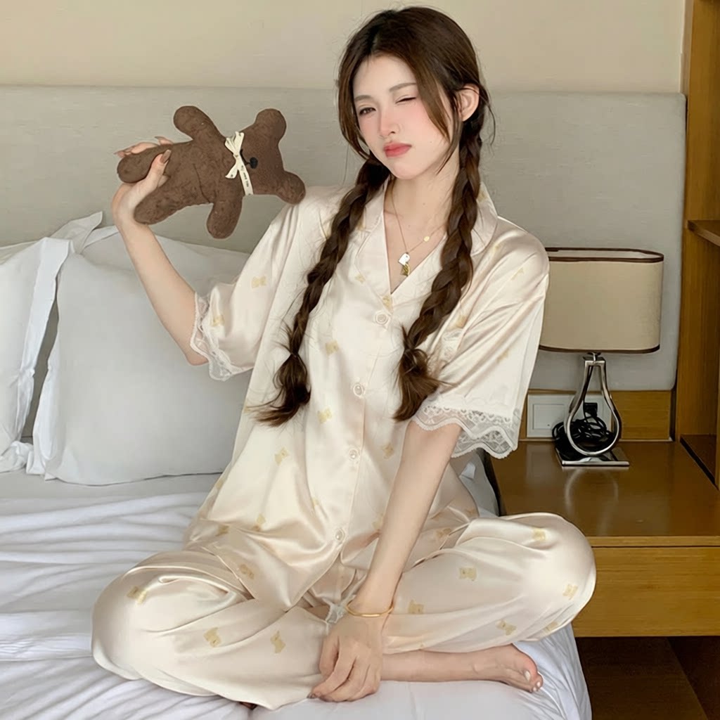 可爱甜美网红小熊印花冰丝短袖睡衣女夏季短袖睡衣两件套