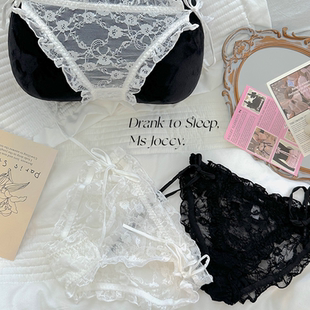 韩式蕾丝大码少女内裤180斤绑带可解开的棉裆透明三角裤纯欲约会