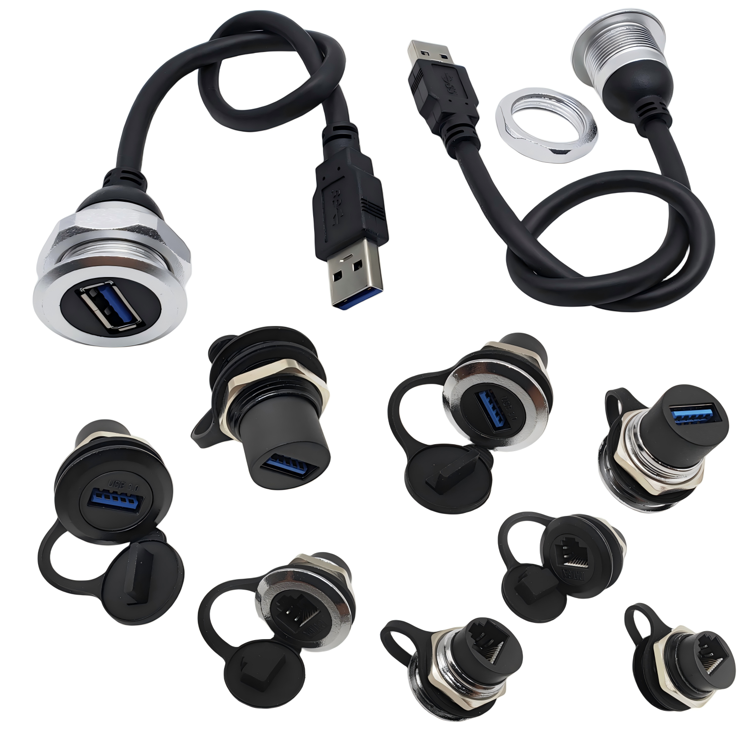 RJ45 M22 USB转接头金属圆形螺纹数据连接器机柜面板中继型转接器