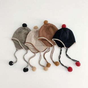 韩系ins儿童帽子秋冬2024新款男童凹造型宝宝毛线系绳护耳雷锋帽