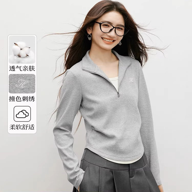 灰色休闲卫衣2025秋冬新款女装字母绣压褶收腰立领气质假两件上衣