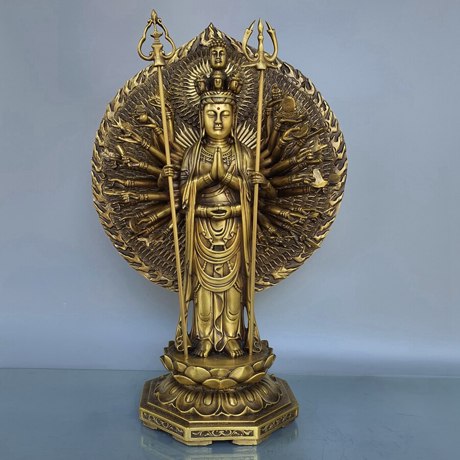 大号纯铜背光千手观音菩萨铜像黄铜千眼观世音佛像寺庙摆件高60cm